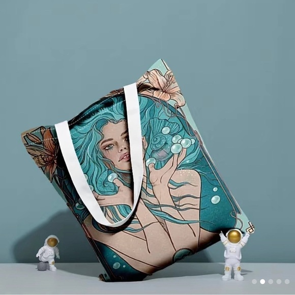 Aquarius Girl Print Canvas Tote Bag,Large Capacity Lightweight Reusable artsy - Picture 2 of 6